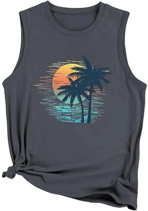 Tank Tops Women Palm Trees Beach Tank Tops Hawaiian Graphic Tees Summer Sleeveless Shirts Vintage Vacation T-Shirt