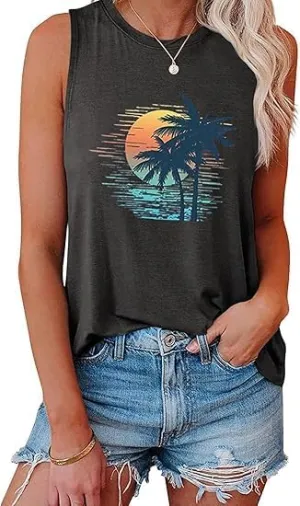 Tank Tops Women Palm Trees Beach Tank Tops Hawaiian Graphic Tees Summer Sleeveless Shirts Vintage Vacation T-Shirt