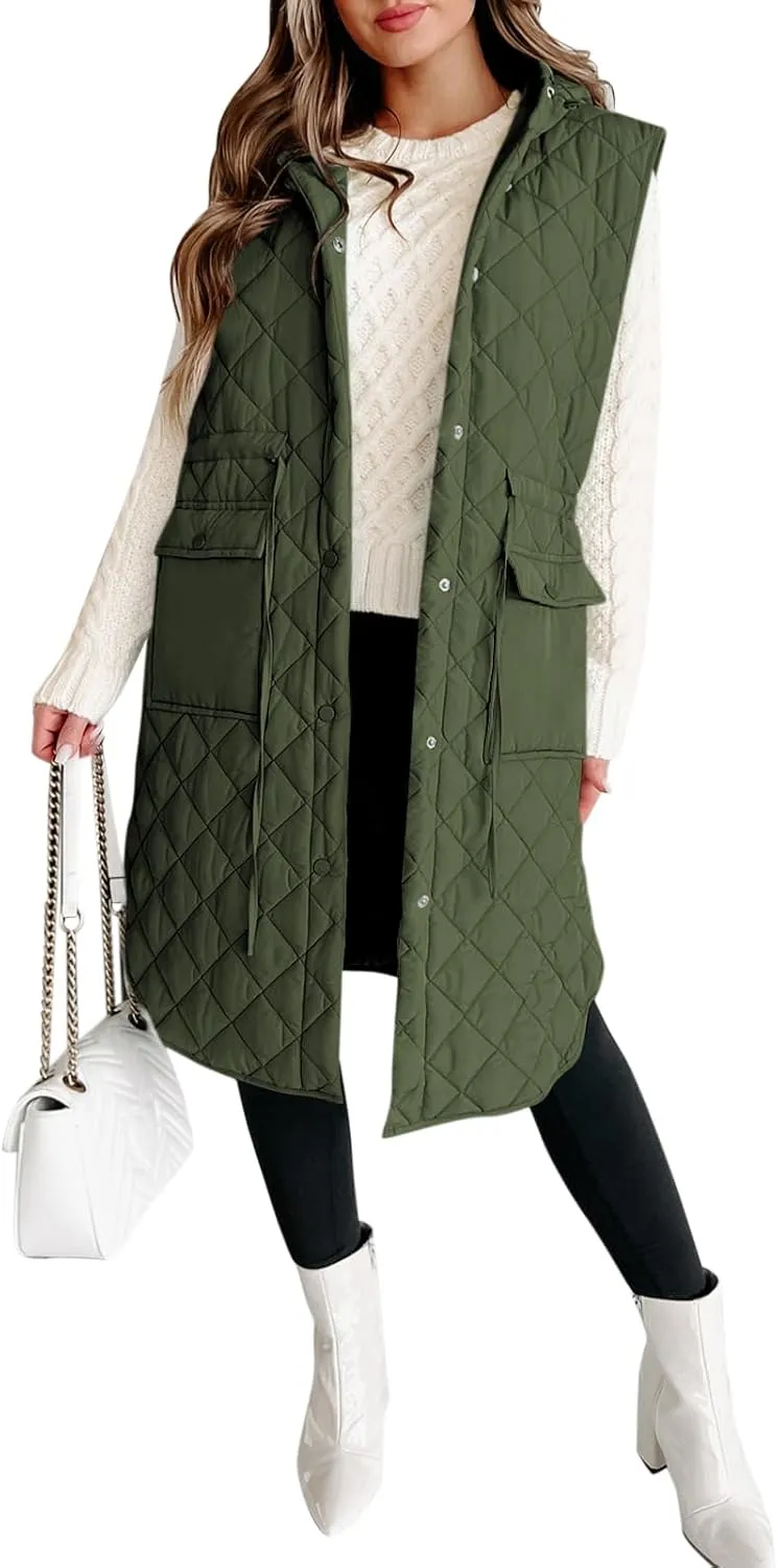 Tankaneo Women's Long Puffer Vest Sleeveless Hood Quilted Winter Outwear Warm Jackets Coats
