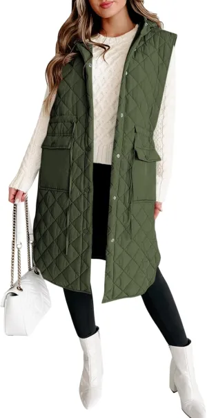 Tankaneo Women's Long Puffer Vest Sleeveless Hood Quilted Winter Outwear Warm Jackets Coats