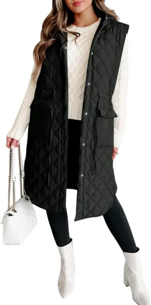 Tankaneo Women's Long Puffer Vest Sleeveless Hood Quilted Winter Outwear Warm Jackets Coats
