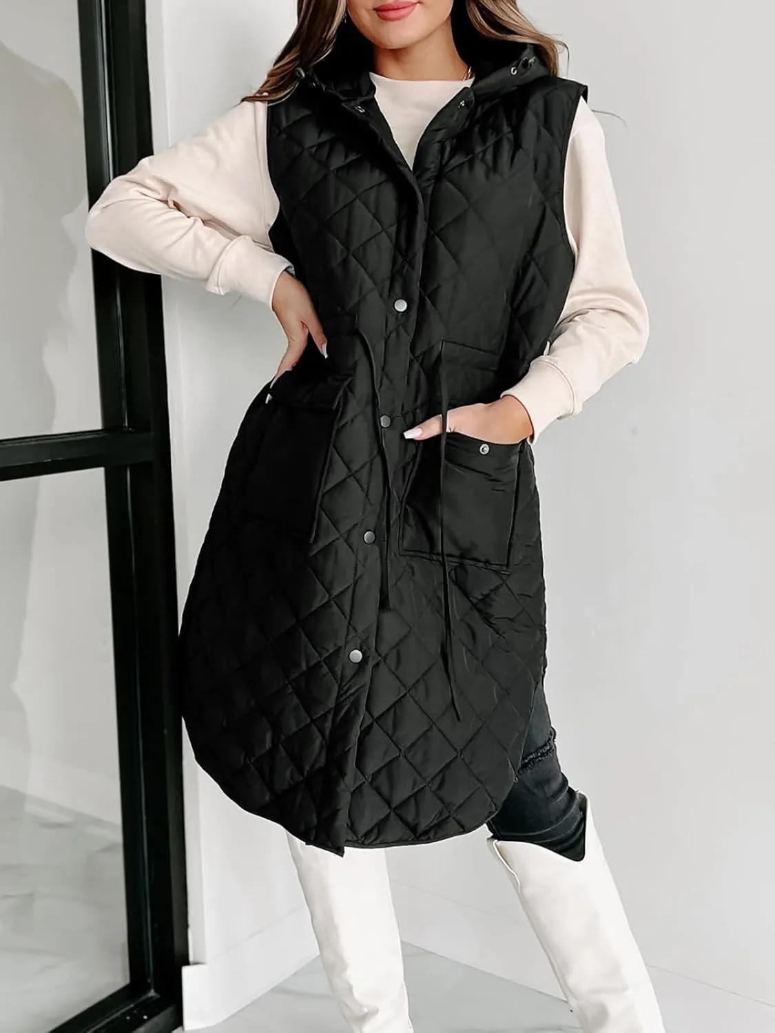 Tankaneo Women's Long Puffer Vest Sleeveless Hood Quilted Winter Outwear Warm Jackets Coats
