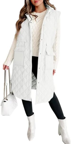 Tankaneo Women's Long Puffer Vest Sleeveless Hood Quilted Winter Outwear Warm Jackets Coats