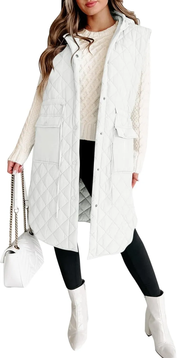Tankaneo Women's Long Puffer Vest Sleeveless Hood Quilted Winter Outwear Warm Jackets Coats