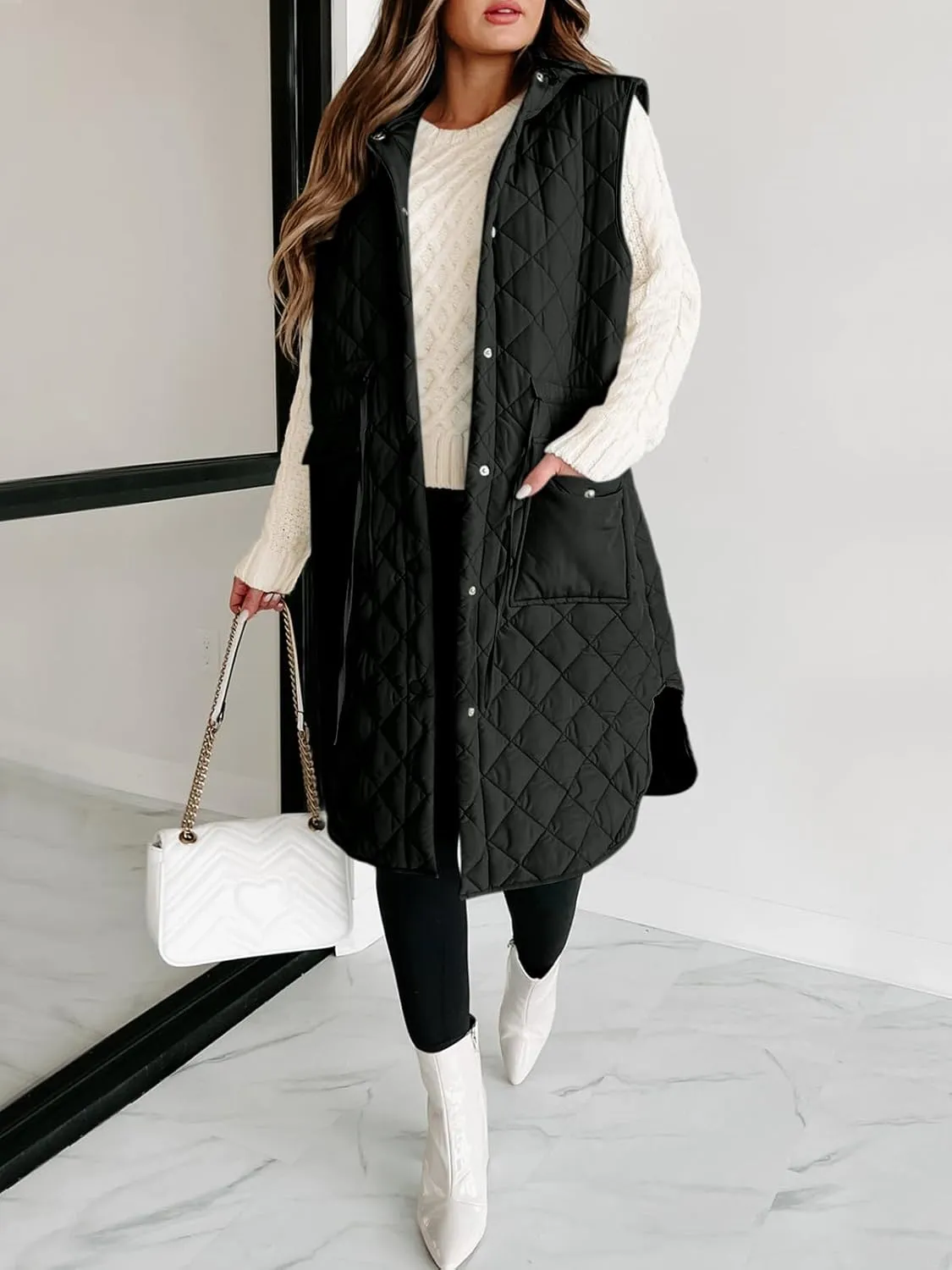 Tankaneo Women's Long Puffer Vest Sleeveless Hood Quilted Winter Outwear Warm Jackets Coats