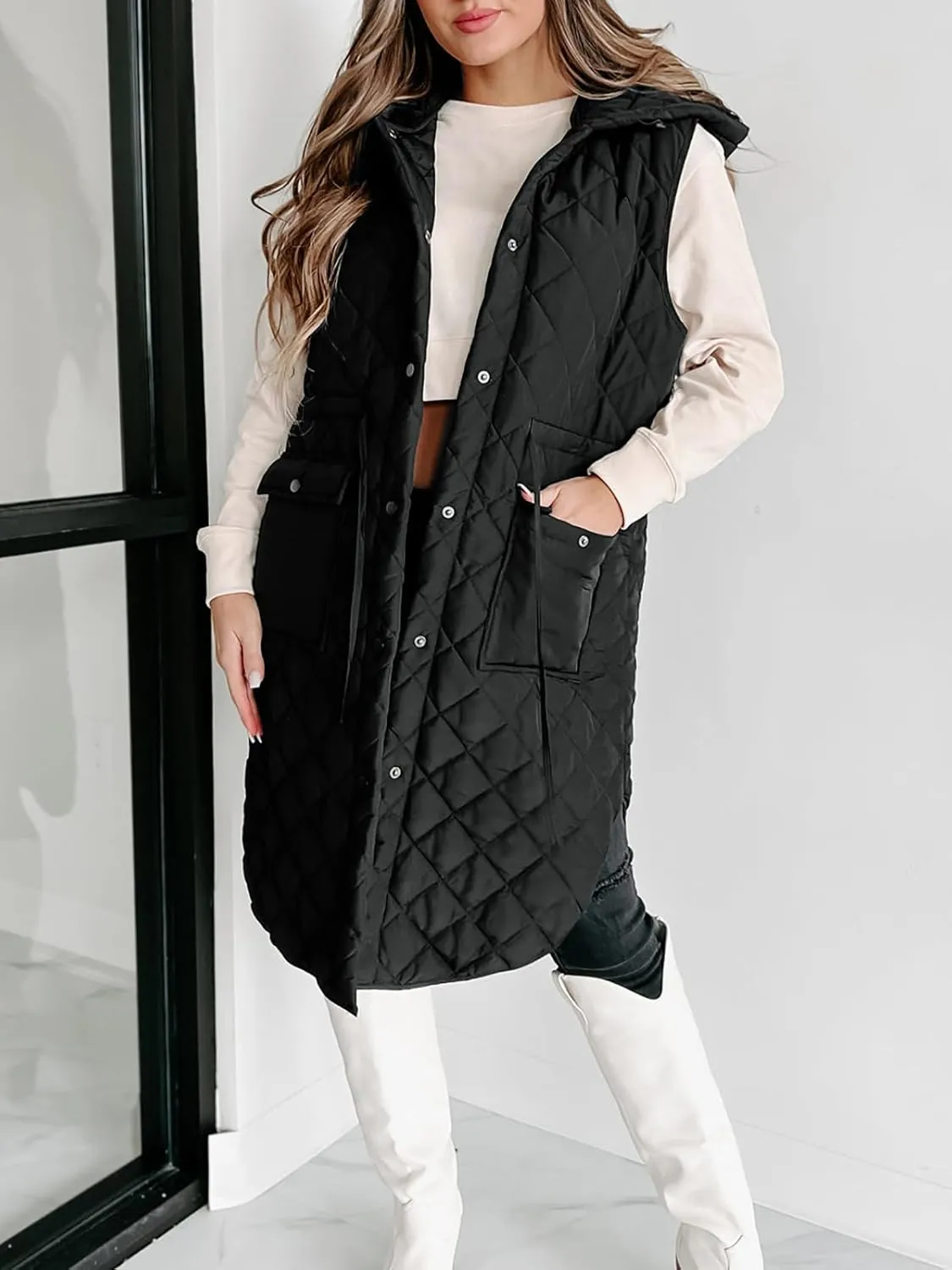 Tankaneo Women's Long Puffer Vest Sleeveless Hood Quilted Winter Outwear Warm Jackets Coats