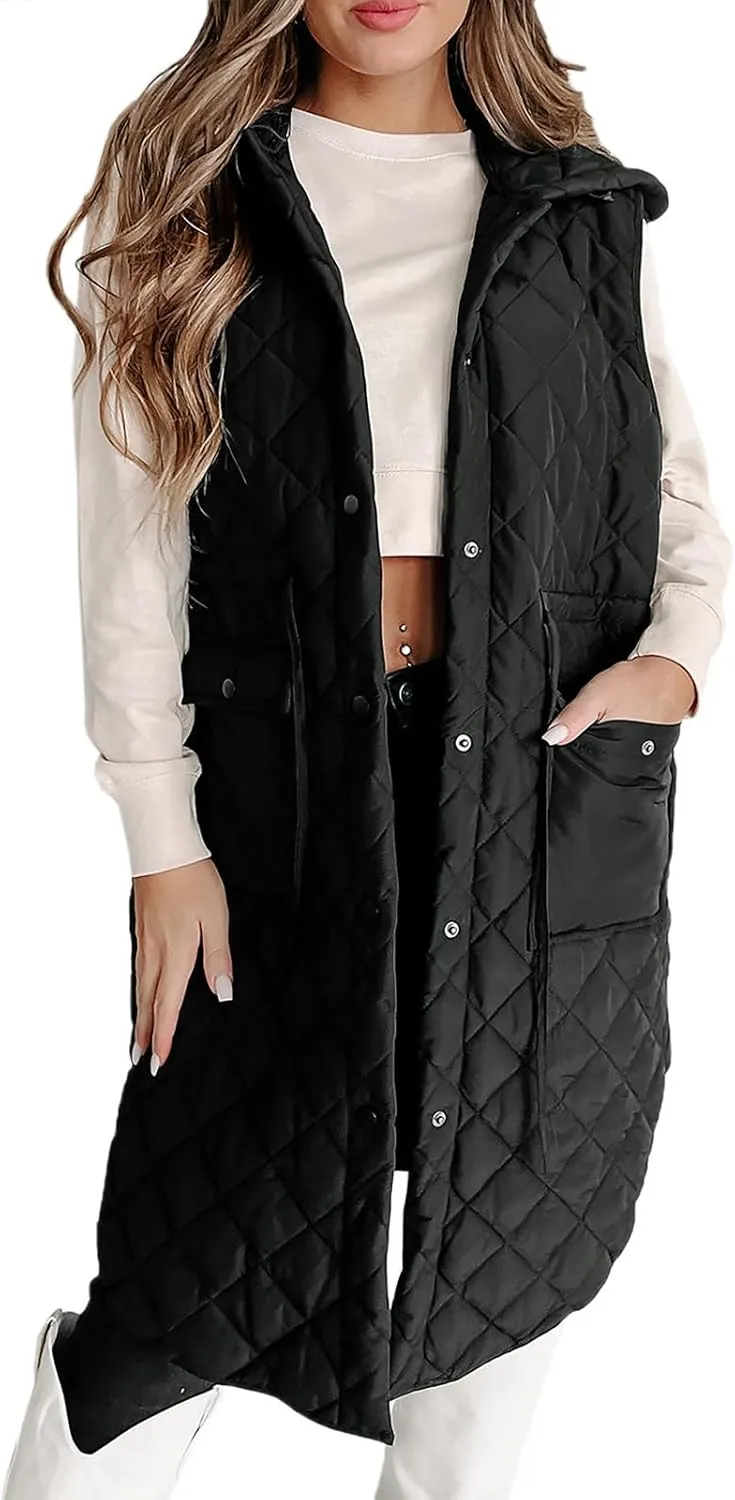 Tankaneo Women's Long Puffer Vest Sleeveless Hood Quilted Winter Outwear Warm Jackets Coats