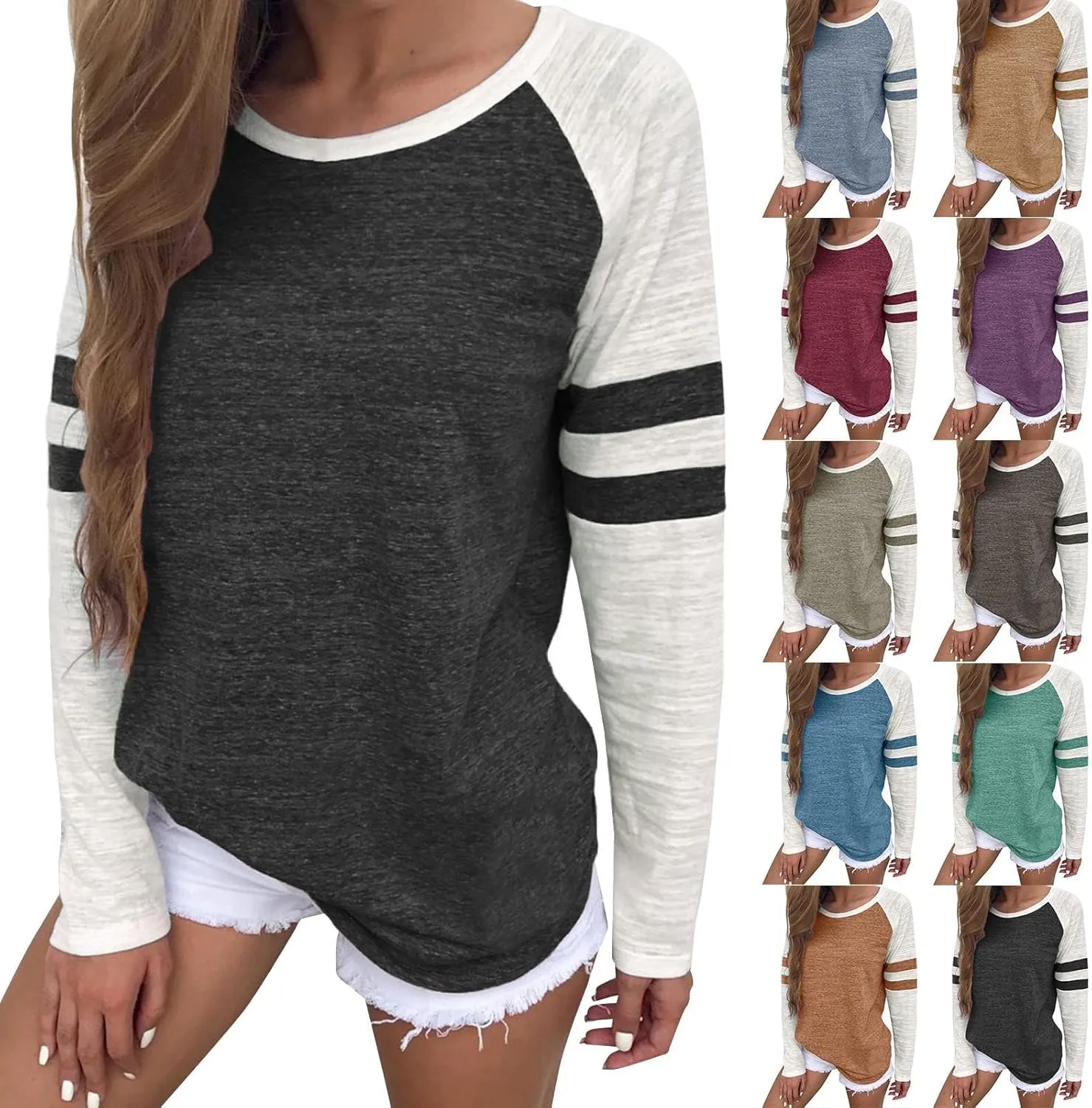 Tops Striped Long Sleeve Shirts for Women Color Block Baseball T-Shirt Crewneck Tops Casual Loose Tees