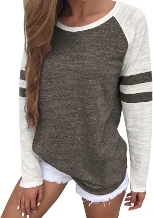 Tops Striped Long Sleeve Shirts for Women Color Block Baseball T-Shirt Crewneck Tops Casual Loose Tees