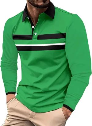 Tshirts for Men Button Up Collared Long Sleeve Trendy Patchwork Polo Shirts Lightweight Quick-Dry Athletic T Shirts