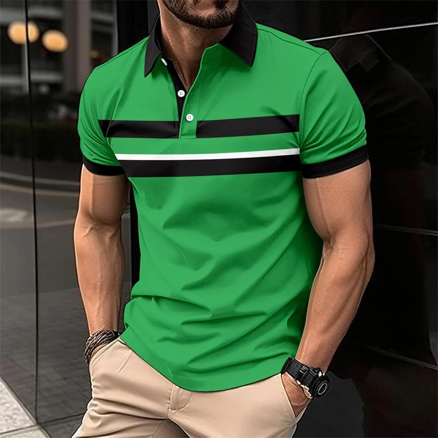 Tshirts for Men Button Up Collared Long Sleeve Trendy Patchwork Polo Shirts Lightweight Quick-Dry Athletic T Shirts