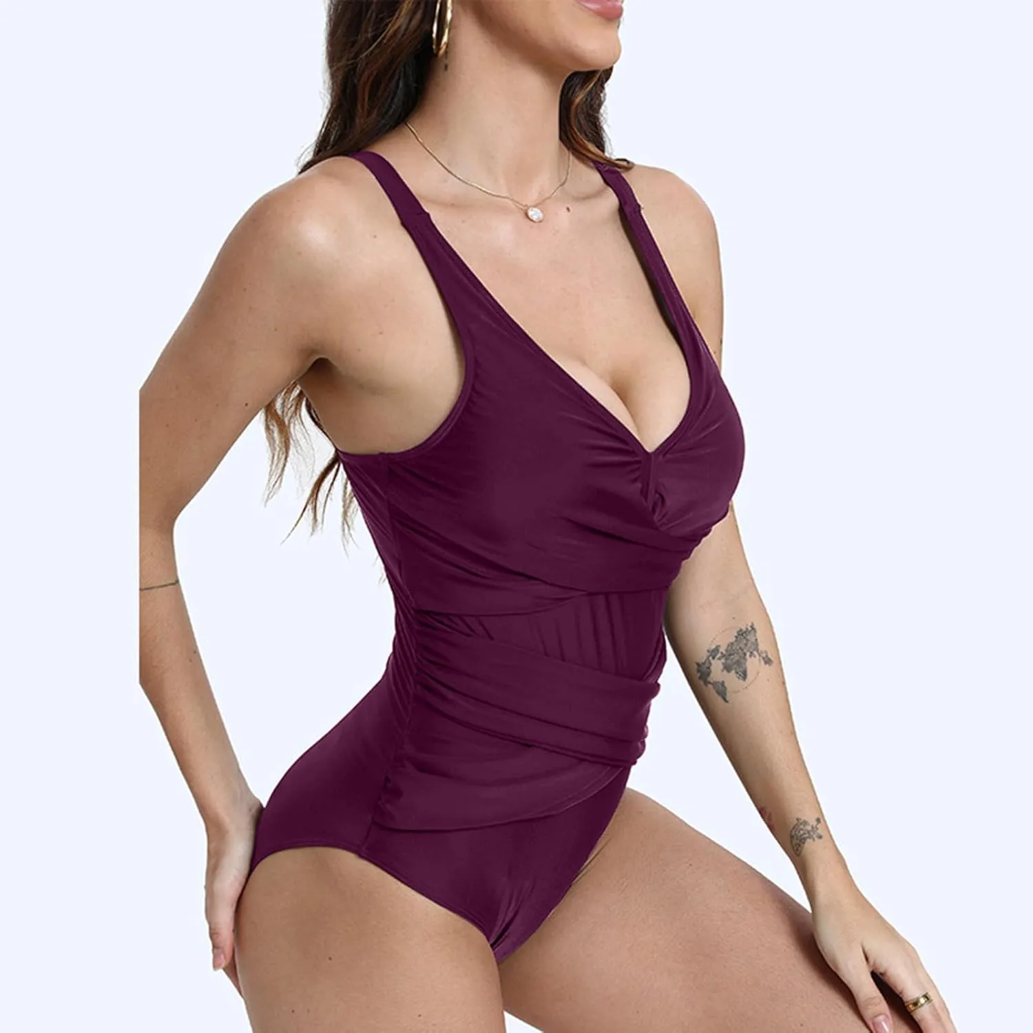 Tummy Control One Piece for Women Front Cross Ruched Swimsuits Backless Padded Push Up Swimwear Modest Bathing Suit