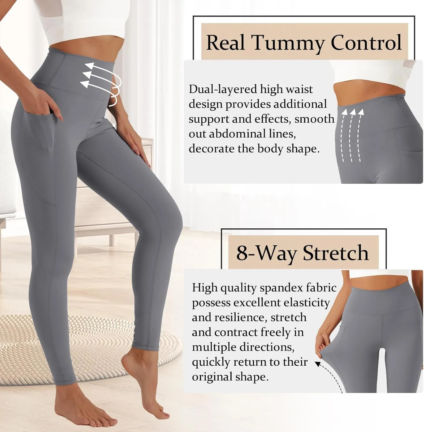UNACOO Yoga Pants for Women High Waisted Tummy Control Yoga Pants with Pockets Elasticity Yoga Legging