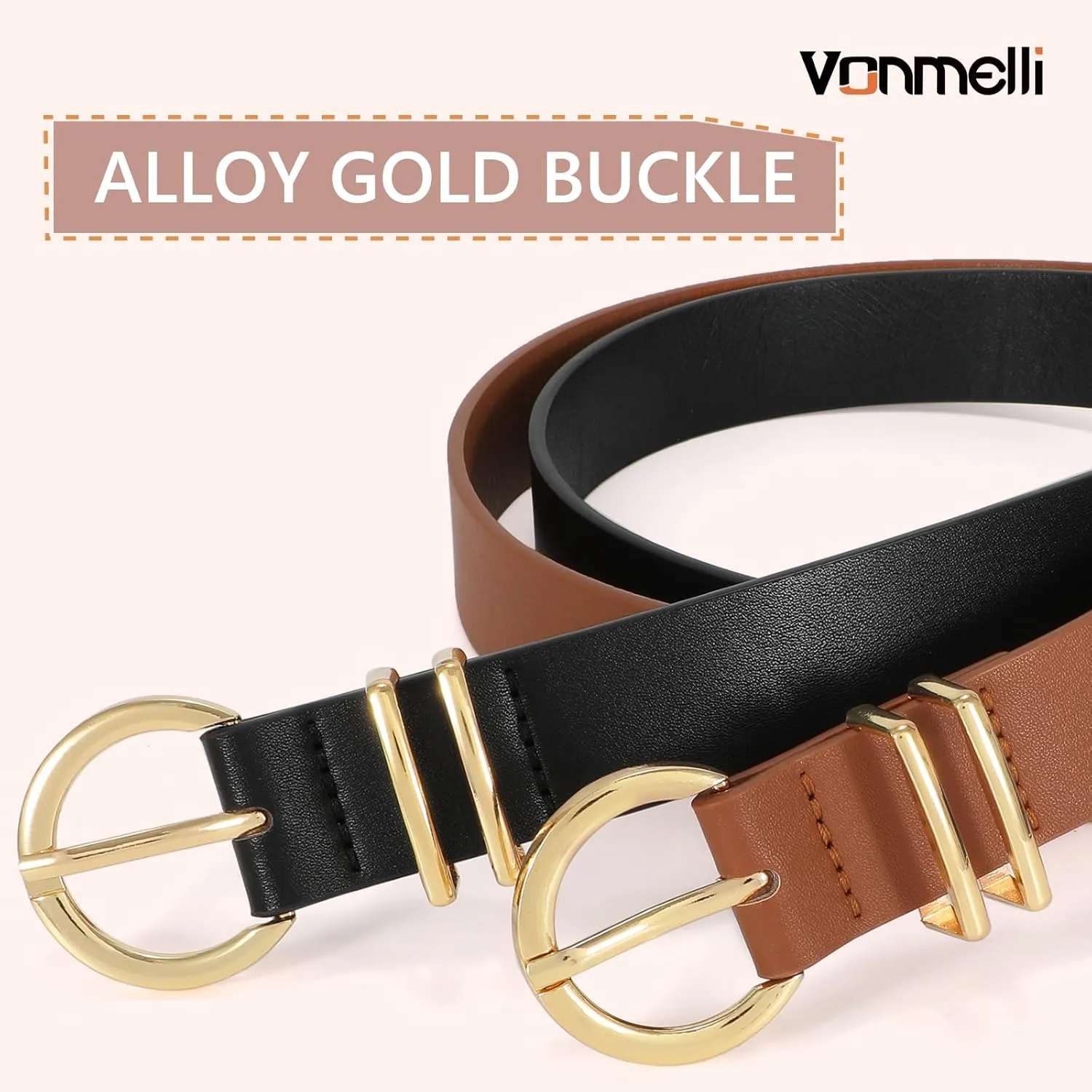 VONMELLI 2 Pack Women's Leather Belts for Jeans Dresses Fashion Gold Buckle Ladies Belt