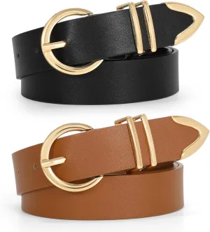 VONMELLI 2 Pack Women's Leather Belts for Jeans Dresses Fashion Gold Buckle Ladies Belt