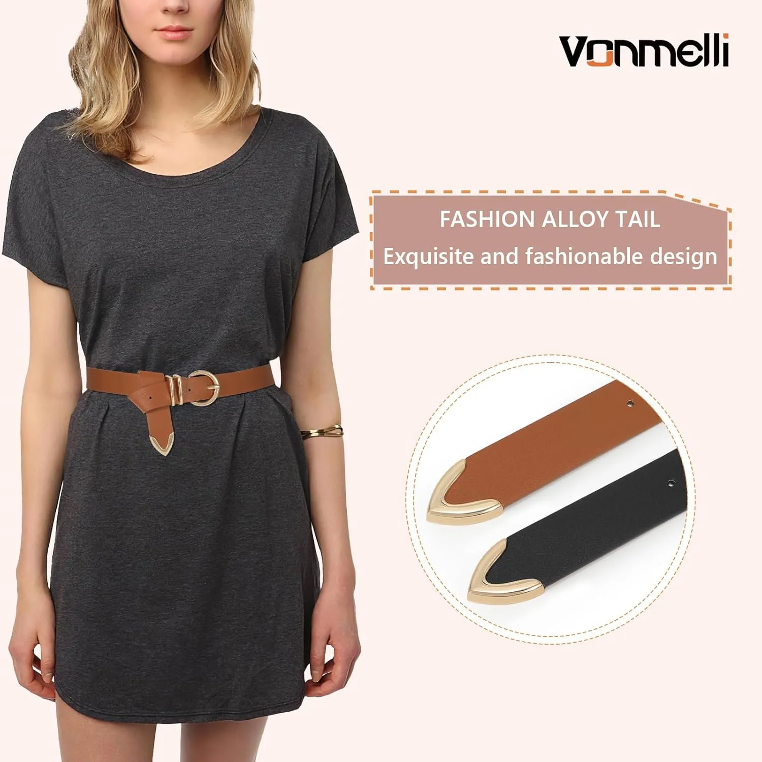 VONMELLI 2 Pack Women's Leather Belts for Jeans Dresses Fashion Gold Buckle Ladies Belt