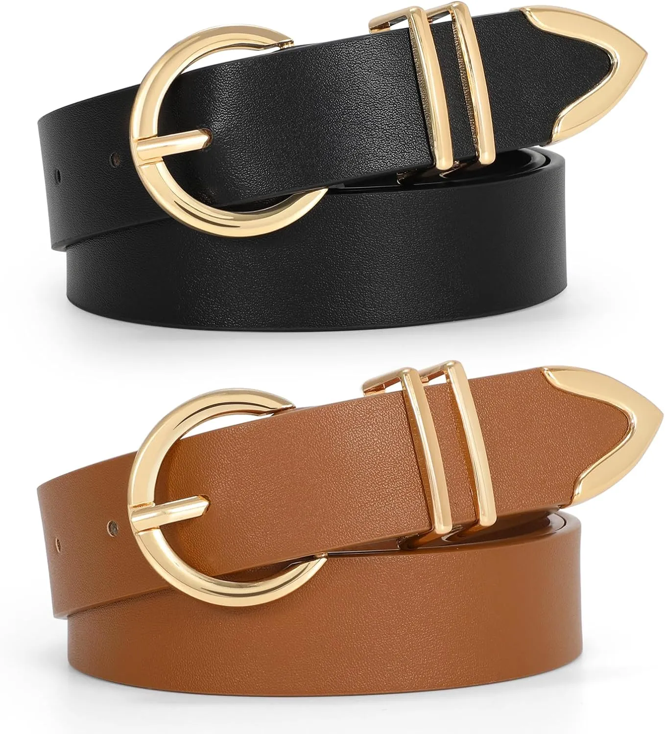 VONMELLI 2 Pack Women's Leather Belts for Jeans Dresses Fashion Gold Buckle Ladies Belt