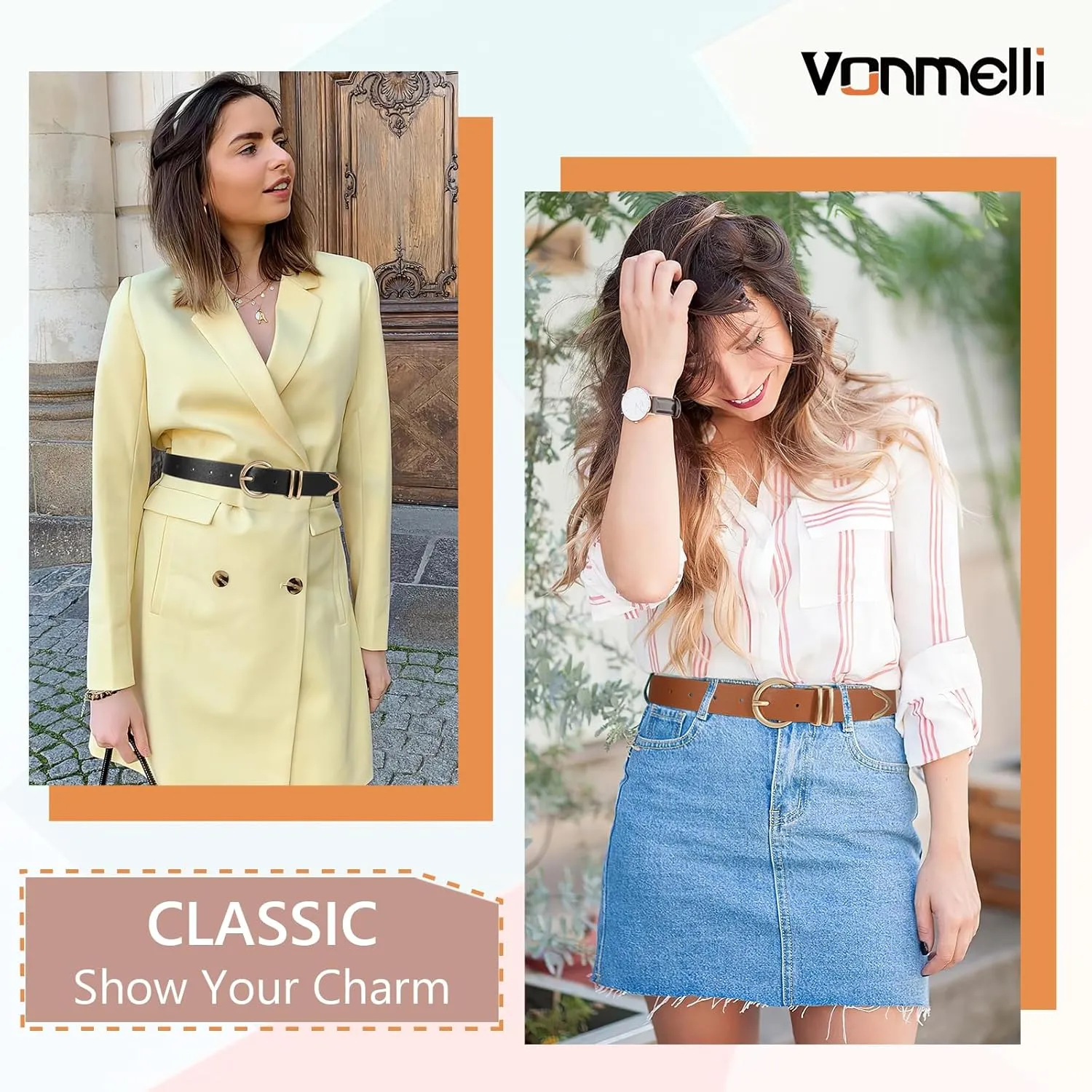 VONMELLI 2 Pack Women's Leather Belts for Jeans Dresses Fashion Gold Buckle Ladies Belt
