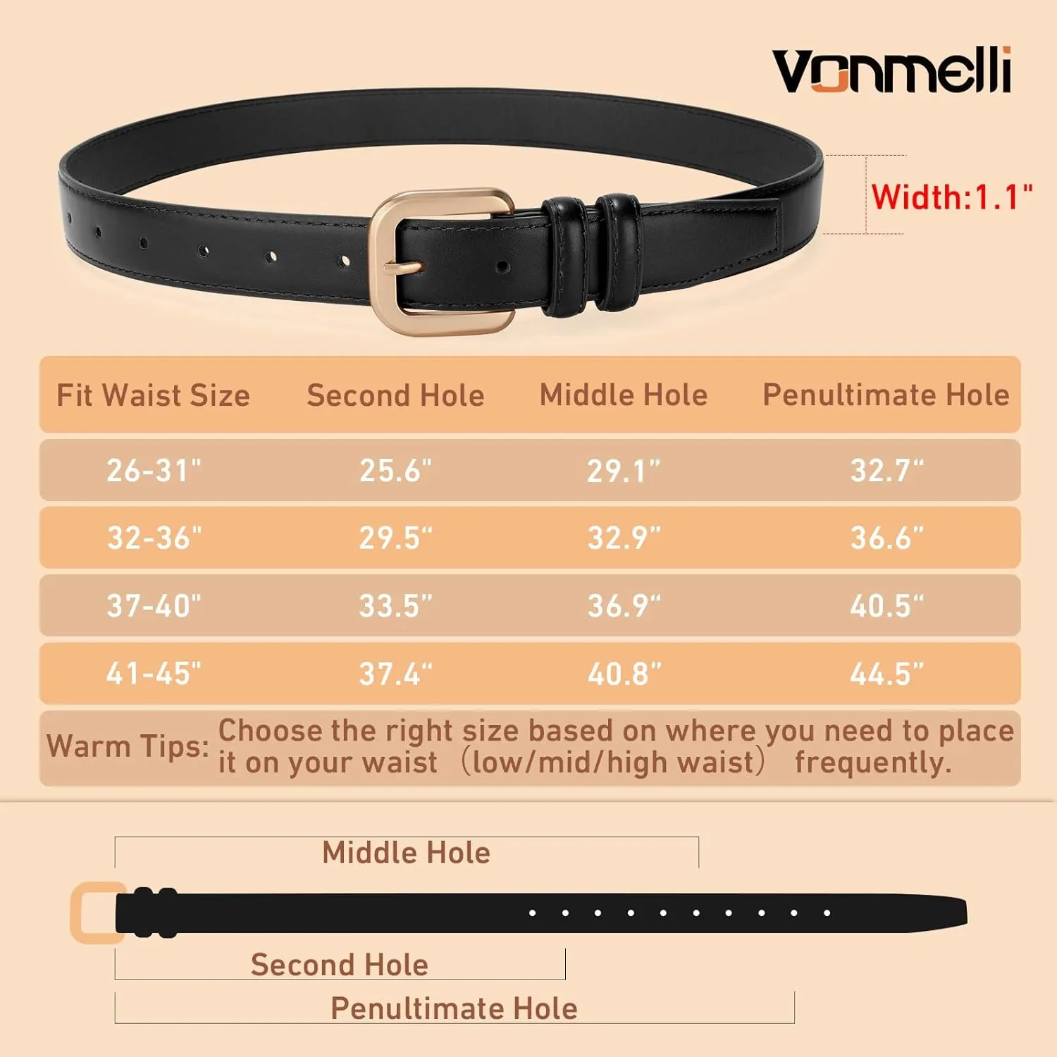 VONMELLI Leather Belts for Women Fashion Wasit Ladies Belt for Jeans Pants Dresses with Pin Buckle