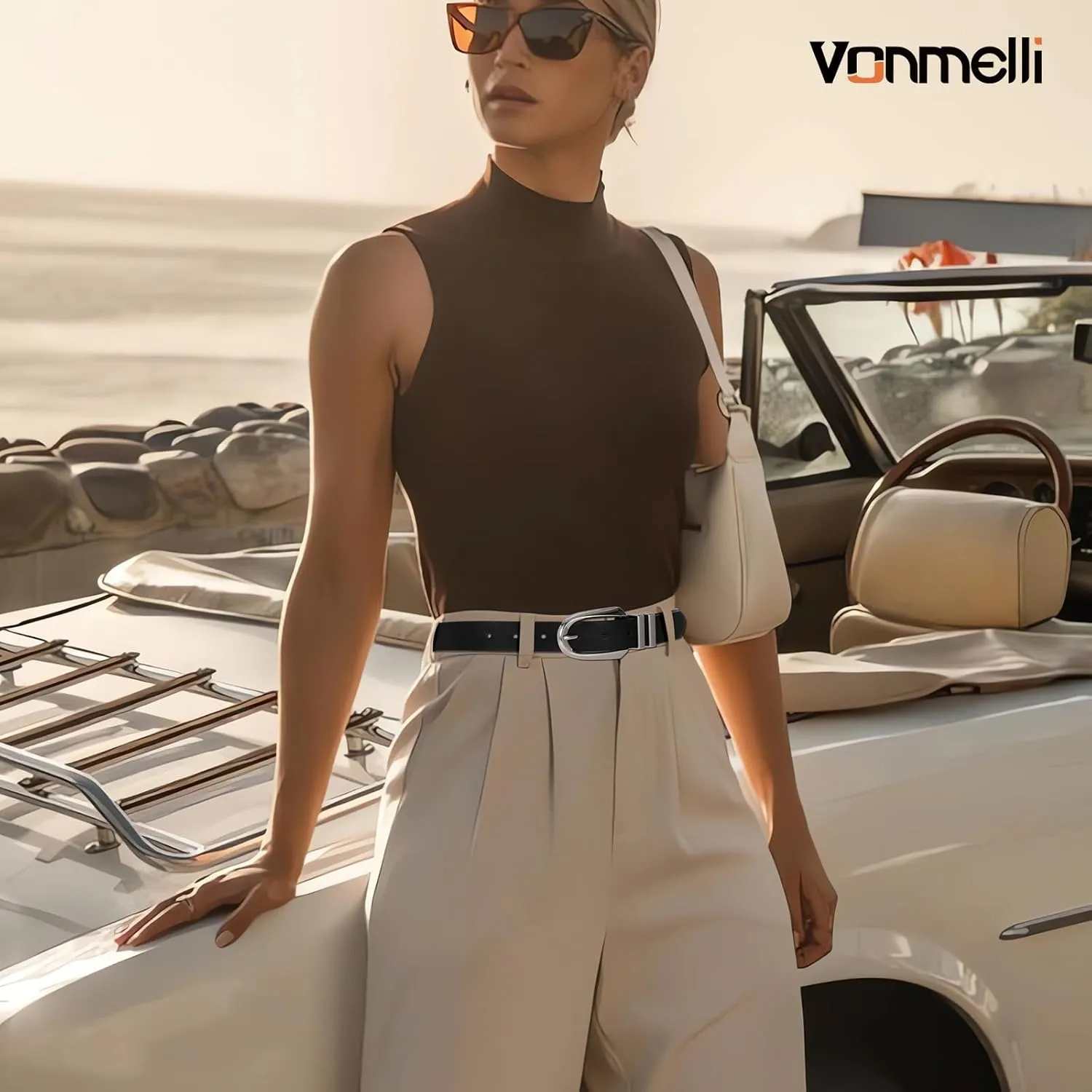 VONMELLI Women's Leather Belts For Jeans Dresses Pants Fashion Ladies Waist Belt with Gold Buckle