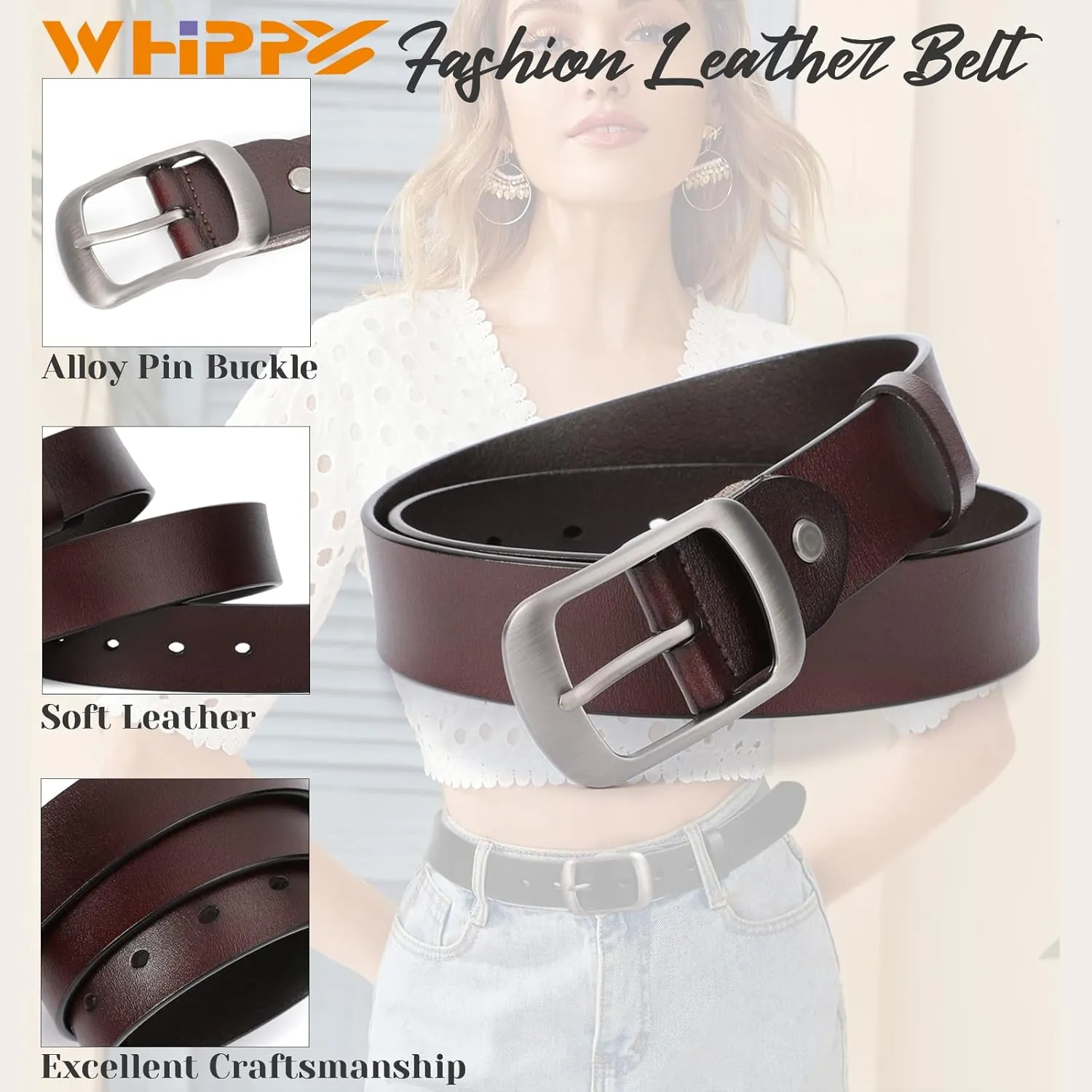 WHIPPY Women Leather Belts for Jeans Pants Fashion Dress Belt for Women with Solid Pin Buckle