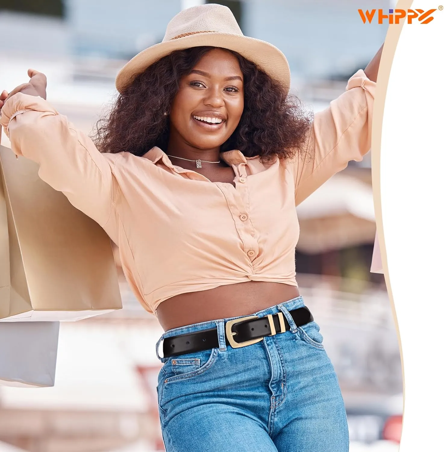 WHIPPY Women's Leather Belts for Jeans Pants Fashion Ladies Belt Gold Buckle Belts for Women