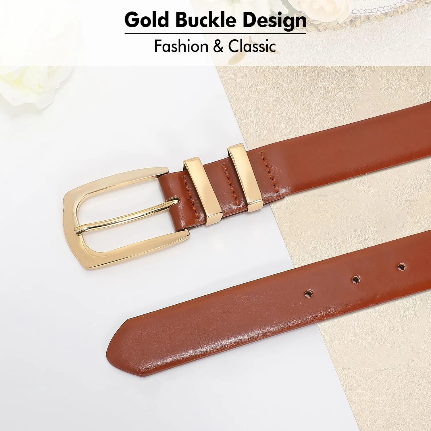 WHIPPY Women's Leather Belts for Jeans Pants Fashion Ladies Belt Gold Buckle Belts for Women