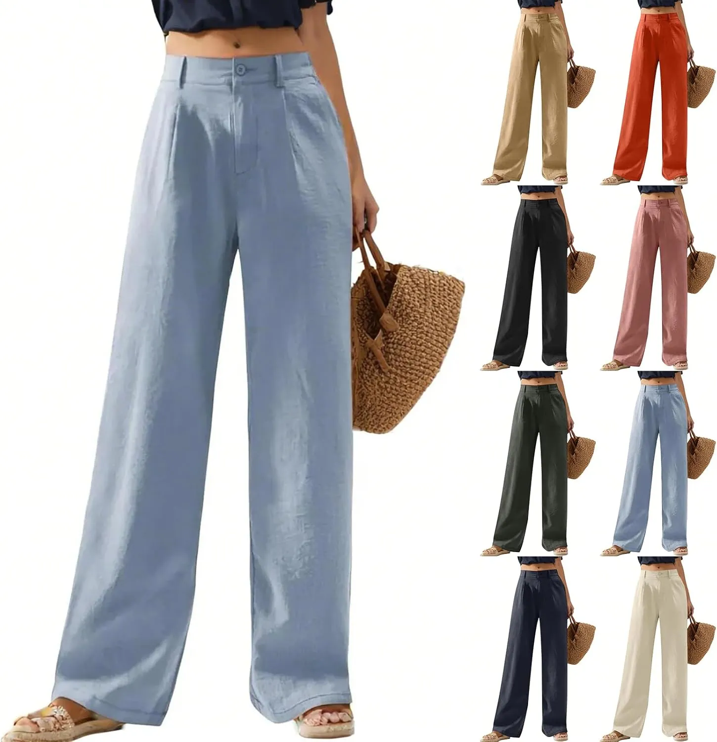 Wide Leg Linen Pants for Women 2025 Trendy Lightweight Summer Palazzo Pants Straight Leg Work Trousers with Pockets
