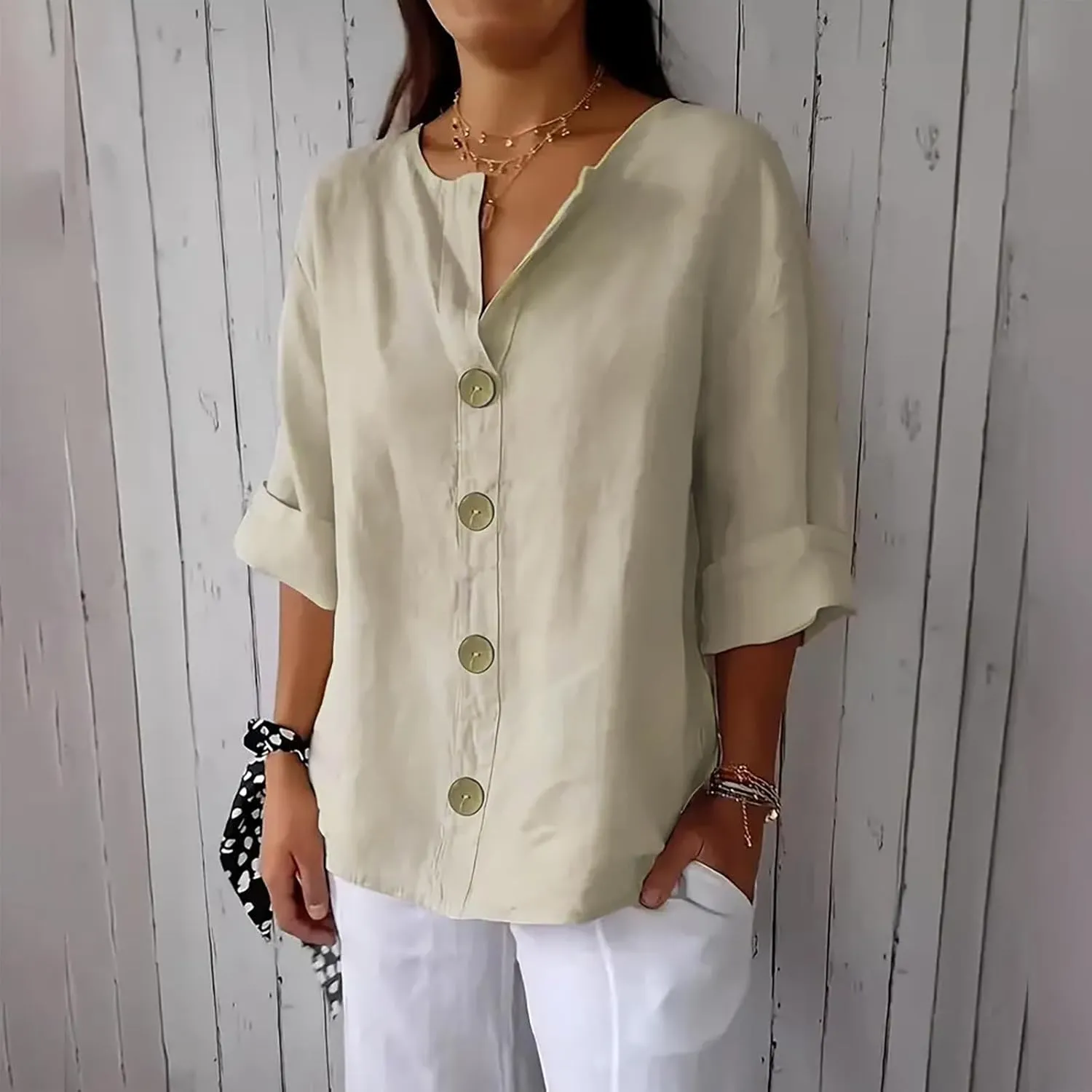 Women Button Front V Neck Tee Tops Summer Dressy Cotton Linen 3/4 Sleeve T-Shirts Casual Loose Fit Solid Work Blouses