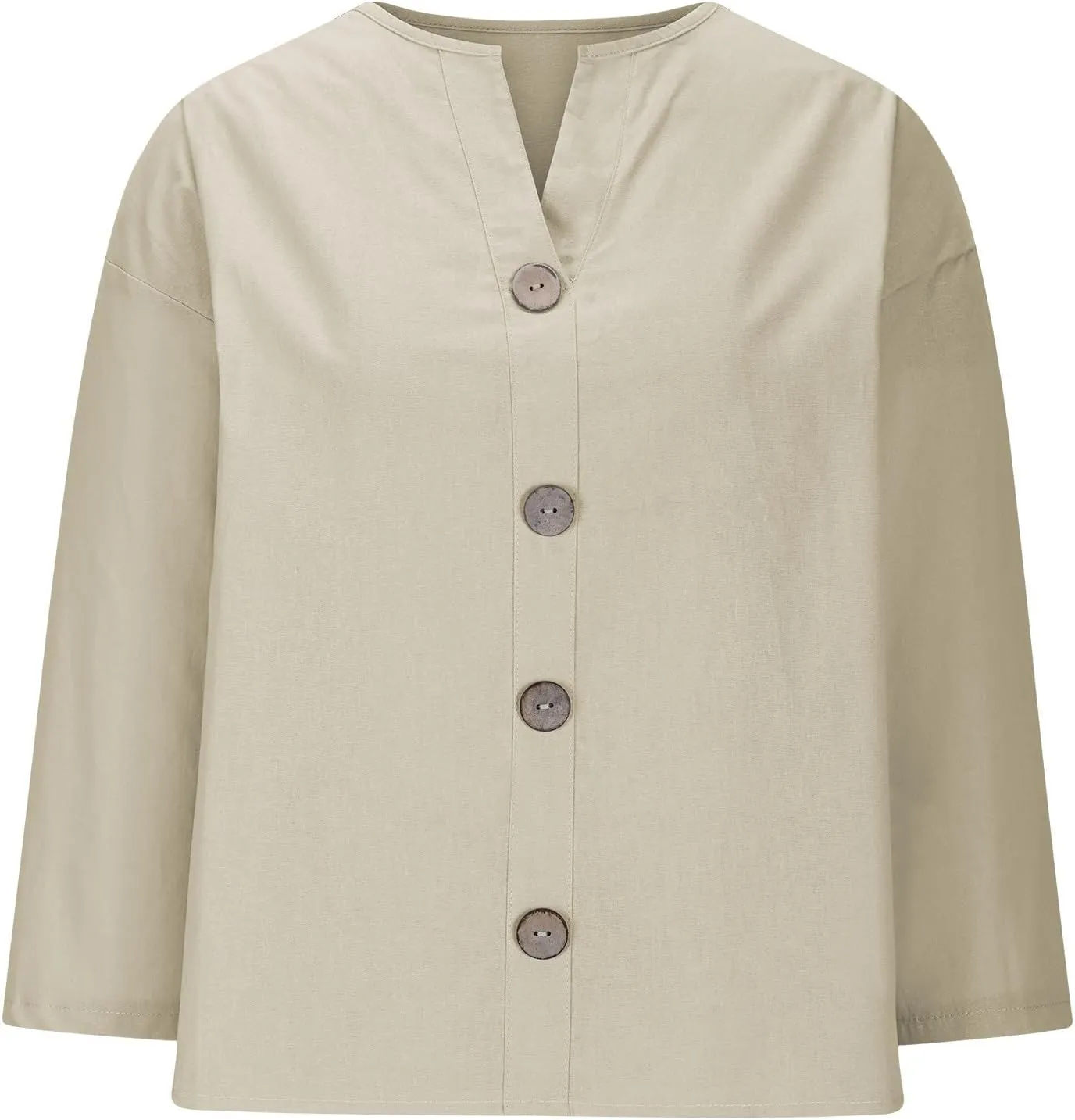 Women Button Front V Neck Tee Tops Summer Dressy Cotton Linen 3/4 Sleeve T-Shirts Casual Loose Fit Solid Work Blouses