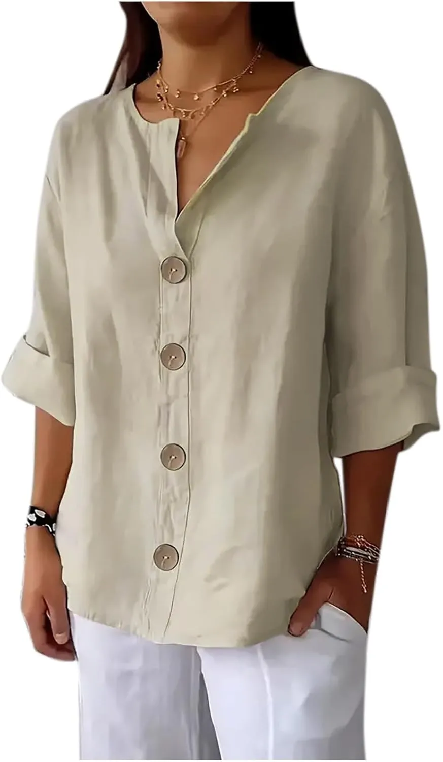 Women Button Front V Neck Tee Tops Summer Dressy Cotton Linen 3/4 Sleeve T-Shirts Casual Loose Fit Solid Work Blouses