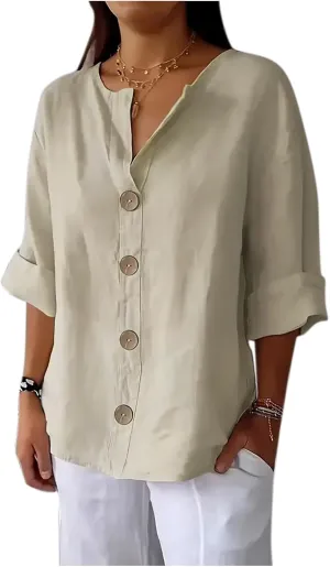 Women Button Front V Neck Tee Tops Summer Dressy Cotton Linen 3/4 Sleeve T-Shirts Casual Loose Fit Solid Work Blouses