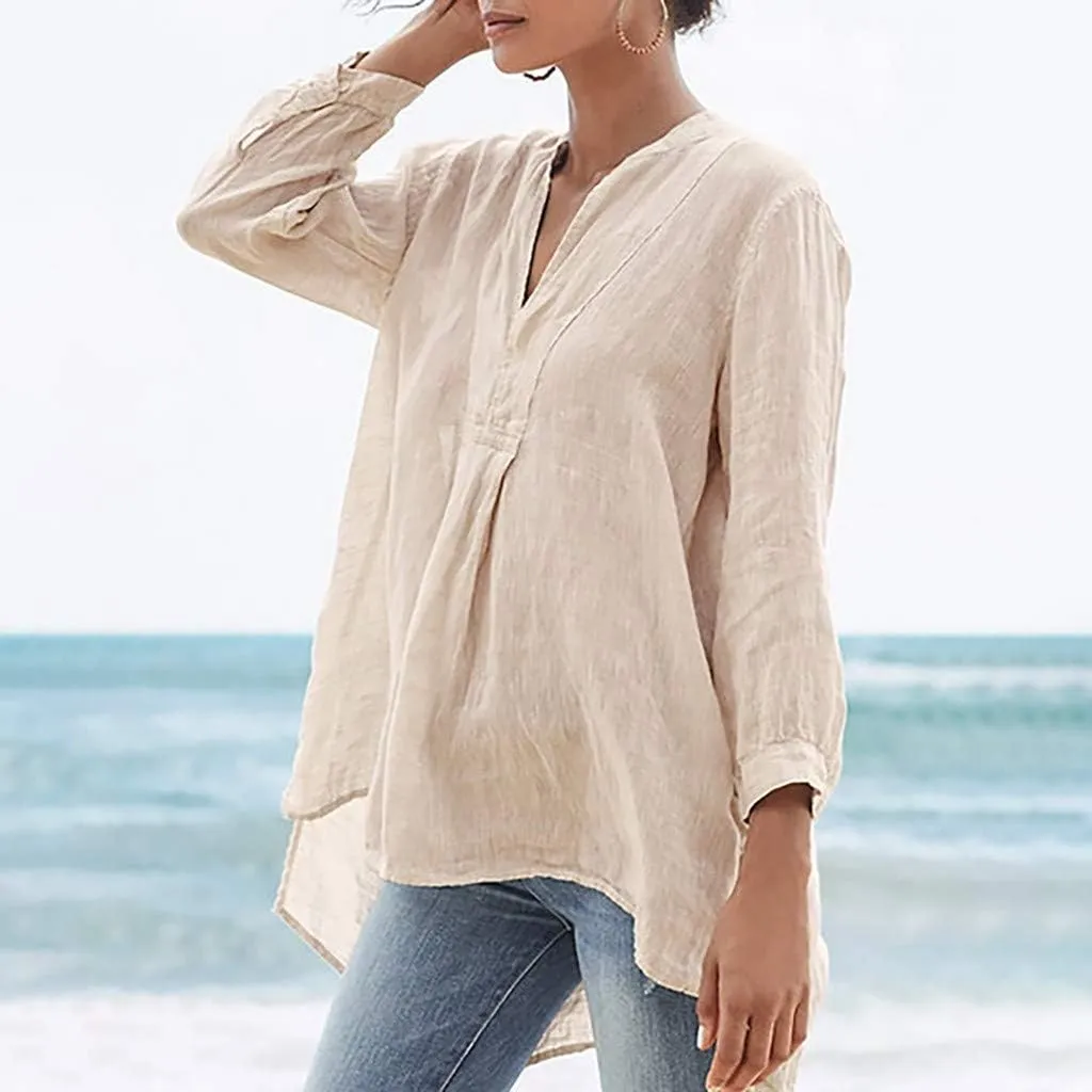 Women Button Up Shirts Cotton Linen Roll up Sleeve V Neck Soft Shirts Casual Loose Fit Work Blouse Tunic Top