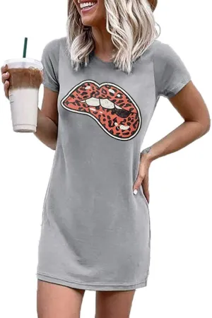Women Crew Neck Short Sleeve Graphic Tshirt Dress Letter Printed Loose Long Top Blouses