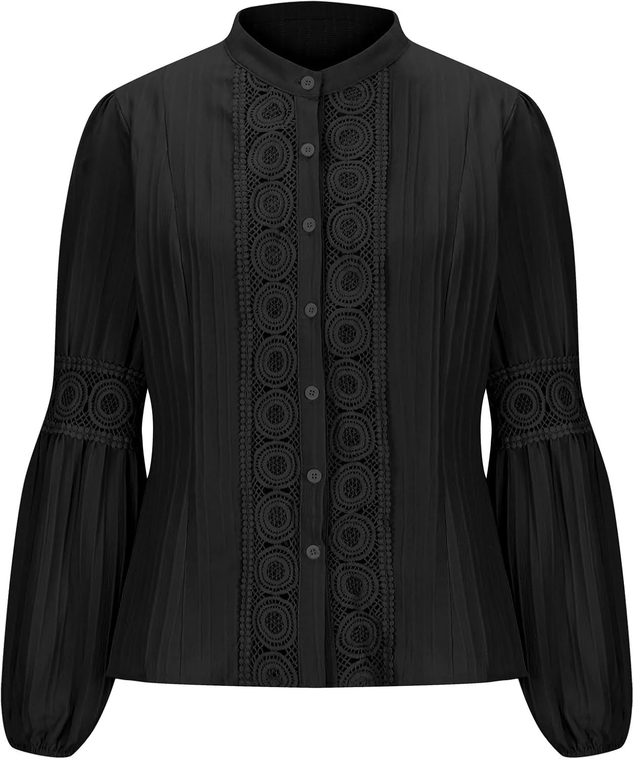 Women Cut Out Lace Patchwork Button Blouse Vintage Stand Collar Embroidered Pleated Lantern Long Sleeve Shirt Tunic Top