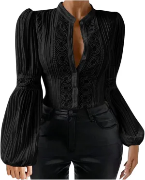 Women Cut Out Lace Patchwork Button Blouse Vintage Stand Collar Embroidered Pleated Lantern Long Sleeve Shirt Tunic Top