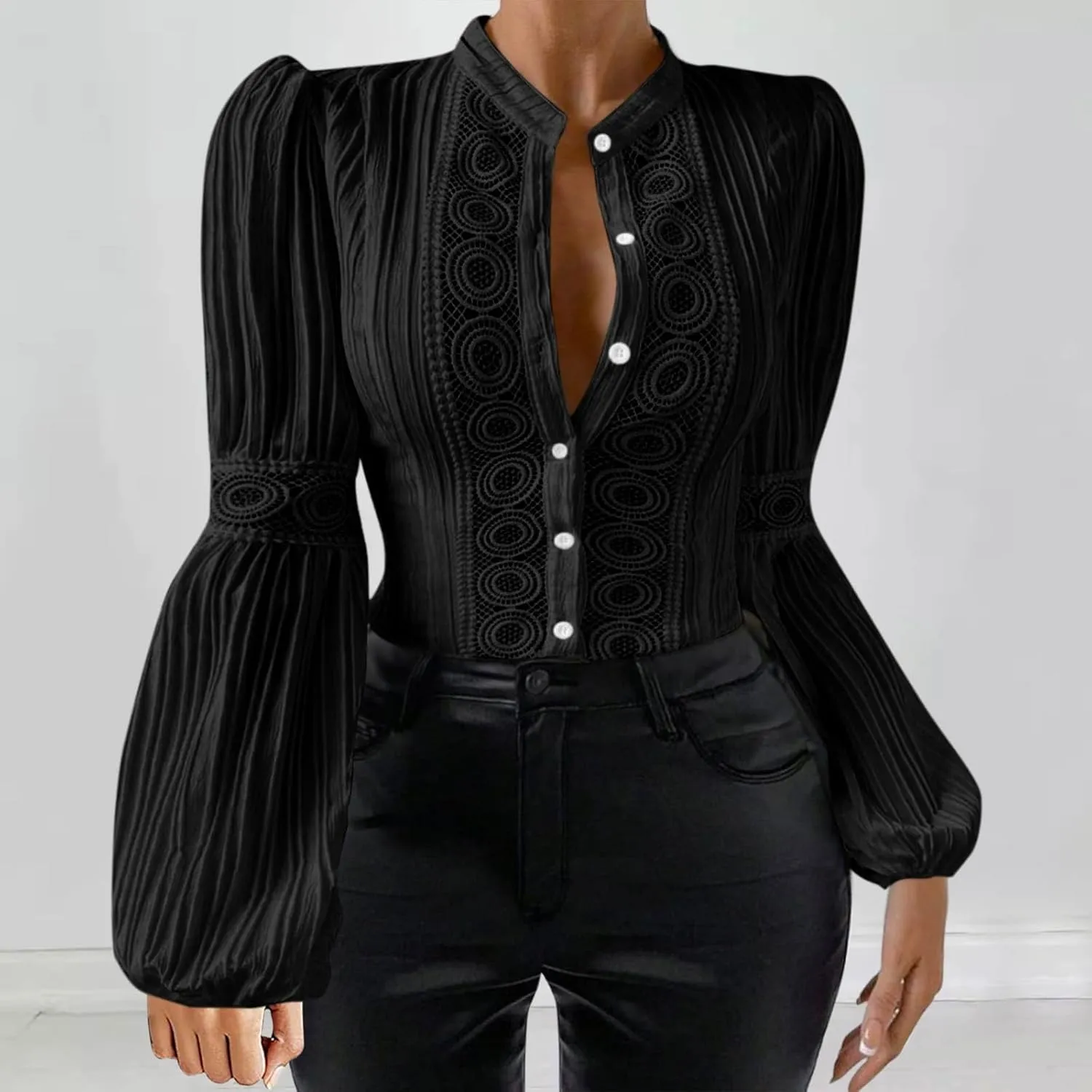Women Cut Out Lace Patchwork Button Blouse Vintage Stand Collar Embroidered Pleated Lantern Long Sleeve Shirt Tunic Top