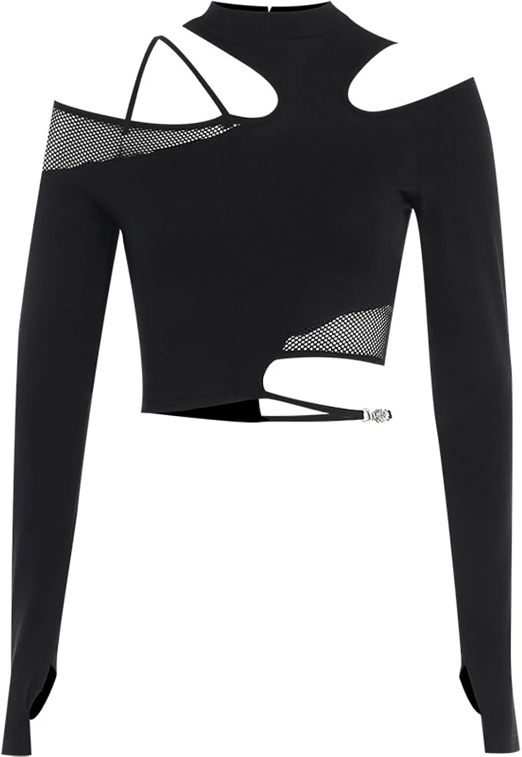 Women Gothic Crop Top Punk Black Long Sleeve Shirt Y2k Mesh Cropped Tops