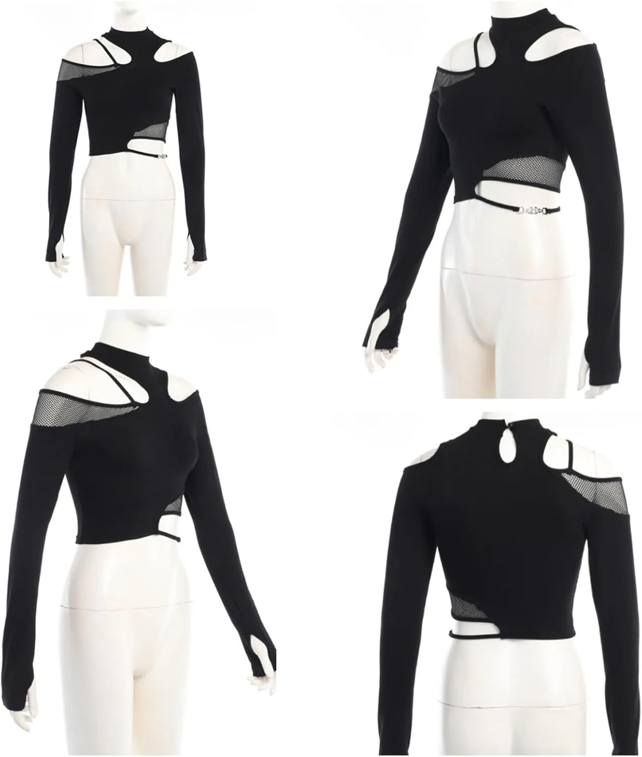 Women Gothic Crop Top Punk Black Long Sleeve Shirt Y2k Mesh Cropped Tops
