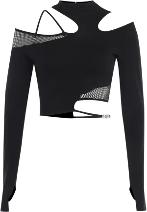 Women Gothic Crop Top Punk Black Long Sleeve Shirt Y2k Mesh Cropped Tops