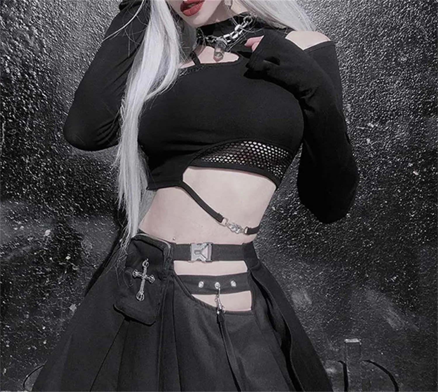 Women Gothic Crop Top Punk Black Long Sleeve Shirt Y2k Mesh Cropped Tops