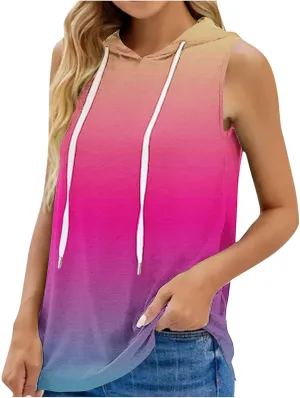 Women Gradient Hooded Tank Top Summer Casual Yoga Running Sleeveless T Shirts Athletic Gym Workout Drawstring Hoodies