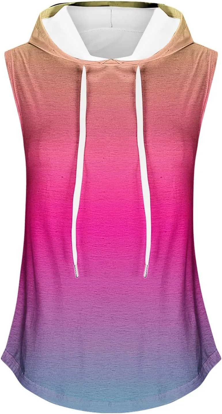 Women Gradient Hooded Tank Top Summer Casual Yoga Running Sleeveless T Shirts Athletic Gym Workout Drawstring Hoodies