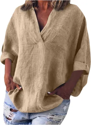 Women High-Low Hem Linen Tunic Tops Summer Dressy Lapel V Neck 3/4 Sleeve T-Shirts Casual Loose Fit Work Blouses with Pocket