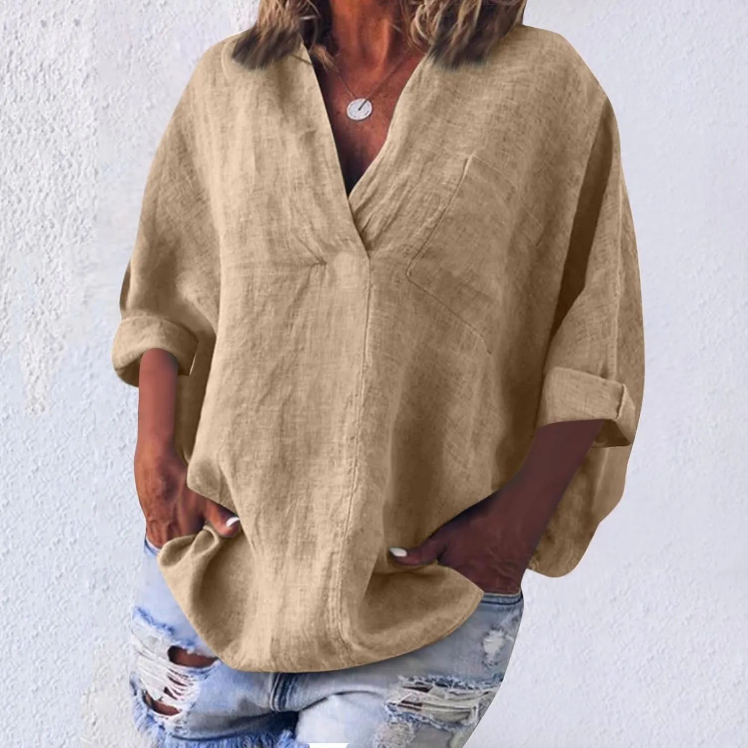Women High-Low Hem Linen Tunic Tops Summer Dressy Lapel V Neck 3/4 Sleeve T-Shirts Casual Loose Fit Work Blouses with Pocket