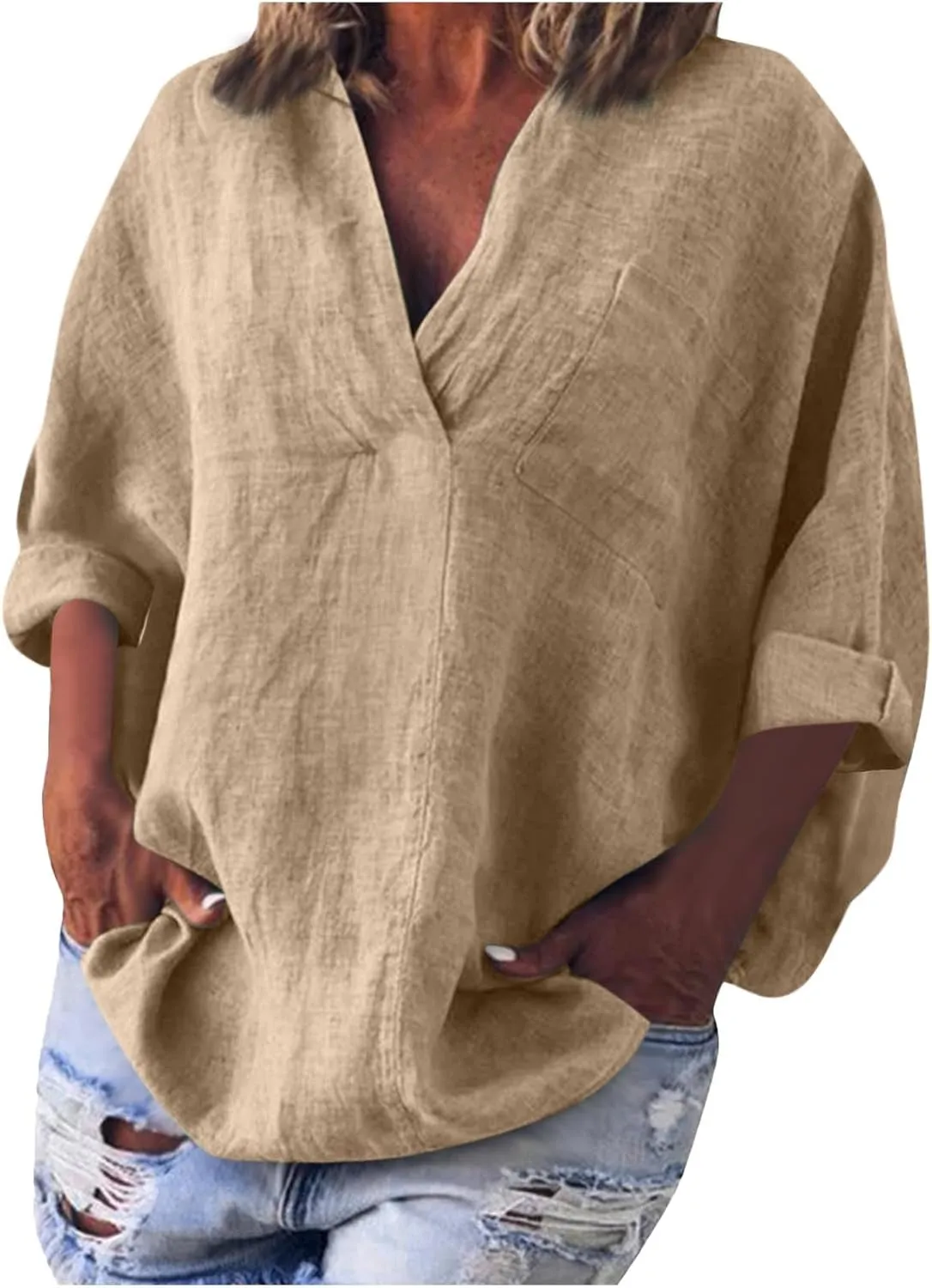 Women High-Low Hem Linen Tunic Tops Summer Dressy Lapel V Neck 3/4 Sleeve T-Shirts Casual Loose Fit Work Blouses with Pocket