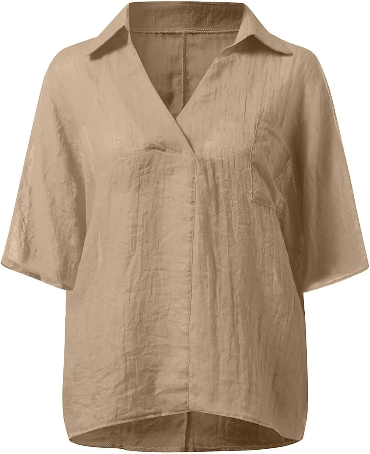 Women High-Low Hem Linen Tunic Tops Summer Dressy Lapel V Neck 3/4 Sleeve T-Shirts Casual Loose Fit Work Blouses with Pocket