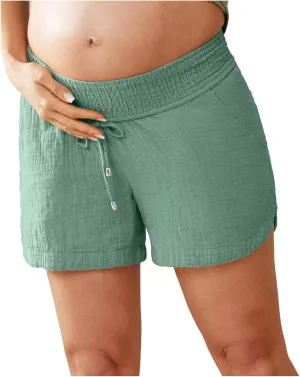 Women Layered Pleats Maternity Shorts Underbelly Drawstring Elastic Waist with Pockets Comfy Casual Beach Shorts