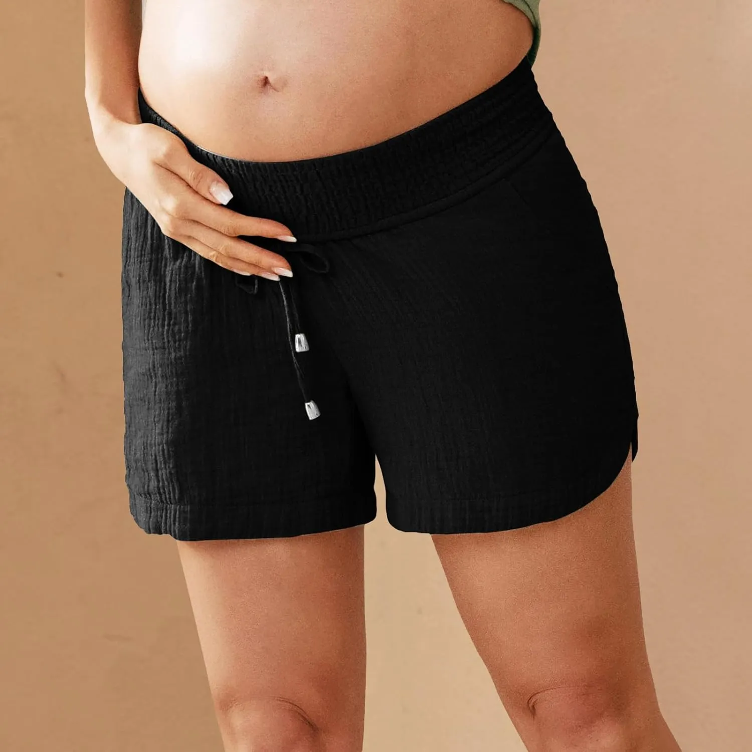 Women Layered Pleats Maternity Shorts Underbelly Drawstring Elastic Waist with Pockets Comfy Casual Beach Shorts