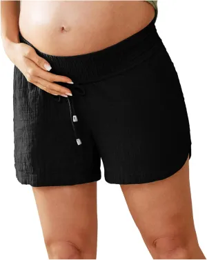 Women Layered Pleats Maternity Shorts Underbelly Drawstring Elastic Waist with Pockets Comfy Casual Beach Shorts